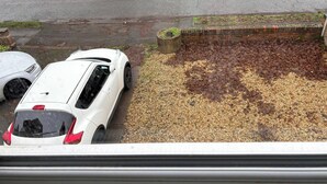 Une voiture blanche est garée dans une allée menant à une maison, avec un espace recouvert de gravier et un mur en briques.