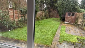 Une vue à travers une fenêtre donnant sur une cour arrière avec une pelouse verdoyante, un chemin de pierres et un abri de jardin en bois.