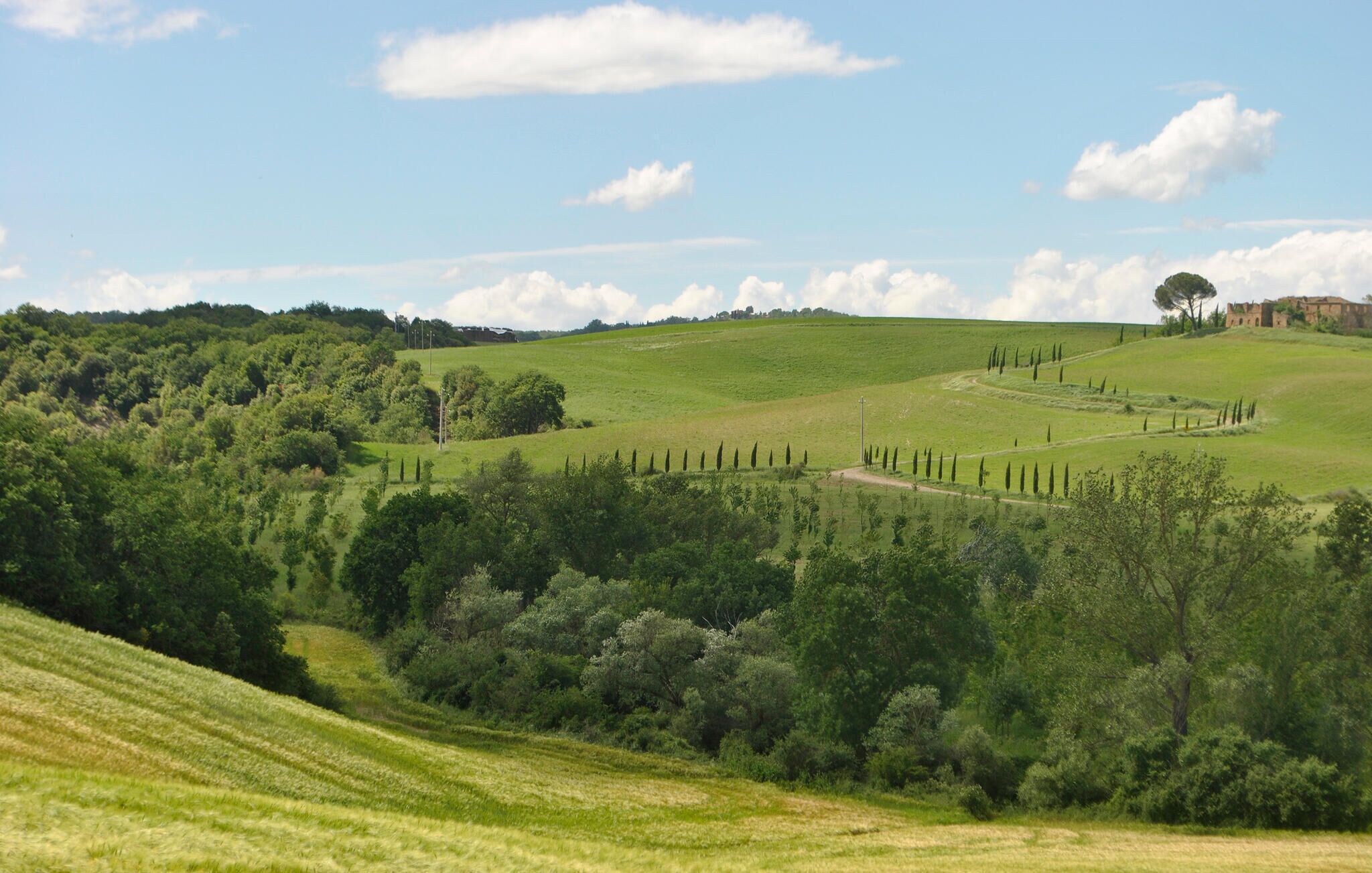 A rural landscape with rolling hills, a clear sky, and a distant building.