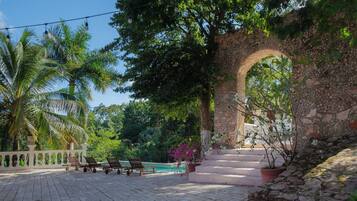 A courtyard with a stone archway, palm trees, and a pool.