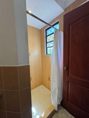 Shower, towels, soap, shampoo