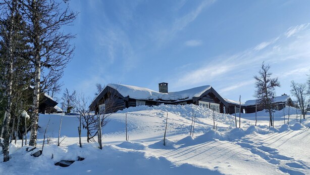 Une cabane en rondins dont le toit est recouvert de neige, entourée d’arbres également couverts de neige et sous un ciel bleu dégagé.