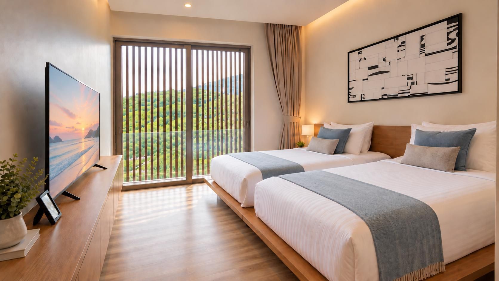 A hotel room with two beds, a TV, and a balcony with a view.
