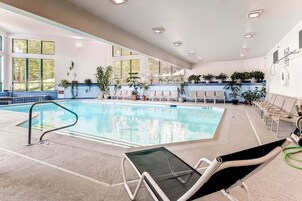 Una piscina interior moderna con agua cristalina, rodeada de sillones de descanso y plantas en macetas.