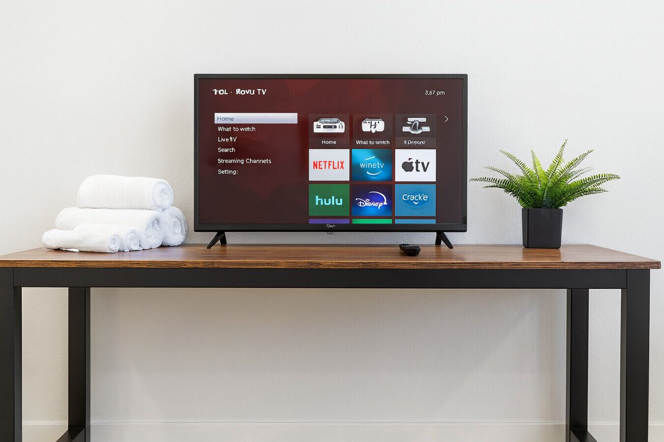 A flat-screen TV on a wooden table displaying a streaming service interface with various channels like NETFLIX, Hulu, and Apple TV.