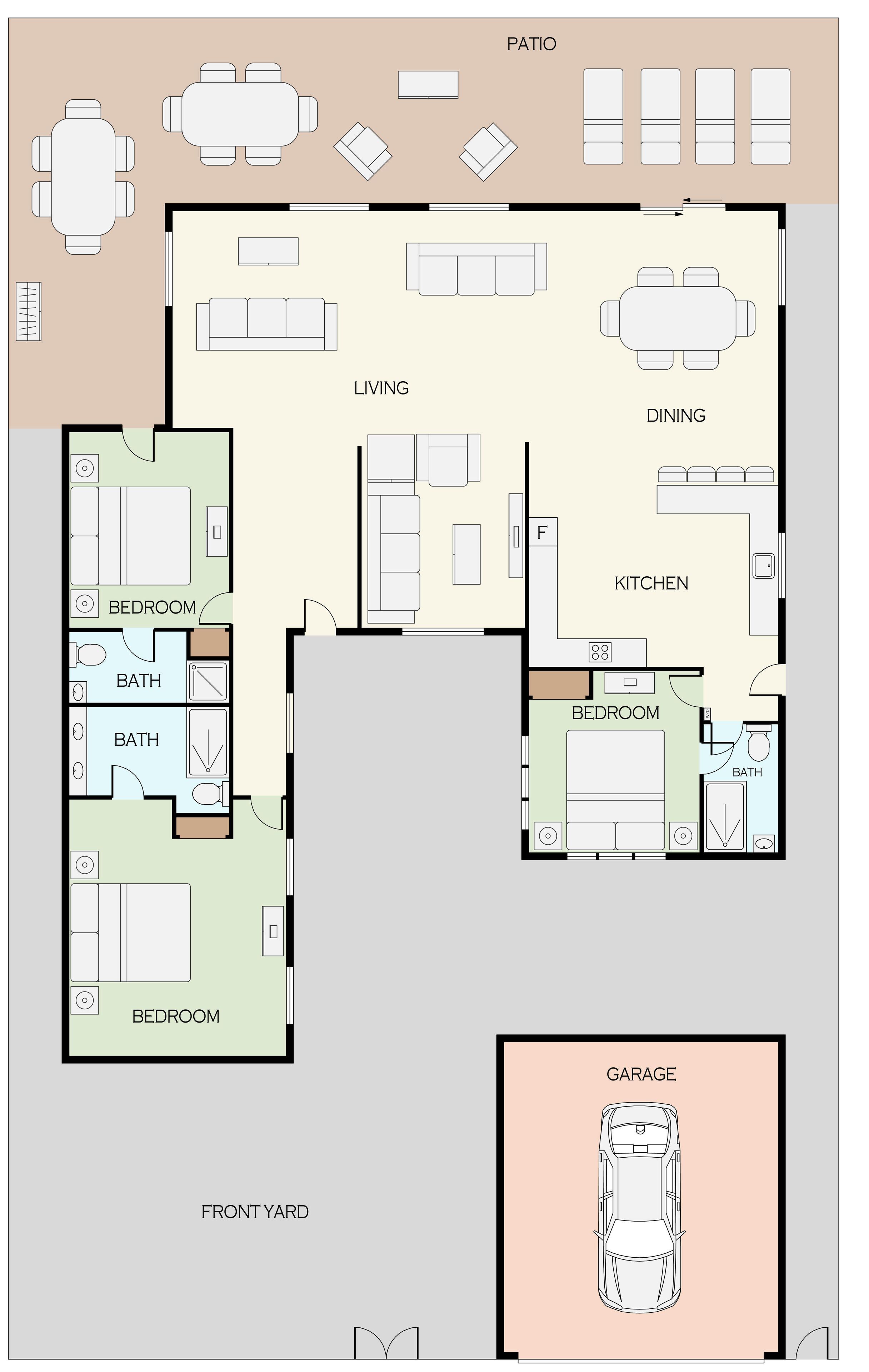 A floor plan of a residential property with a living room, dining area, kitchen, two bedrooms, two bathrooms, a patio, a garage, and a front yard.