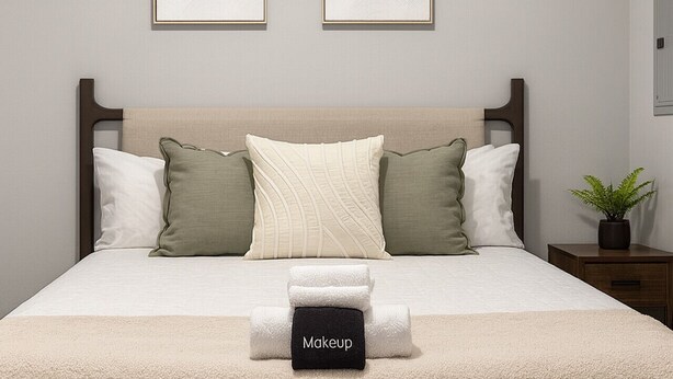 A neatly made bed with a beige headboard, white and green pillows, and a white blanket. There are two framed artworks on the wall above the bed. - A+ for Workers/family,bychoctaw,longstaydiscount (Durant)