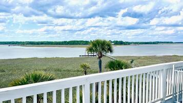 A view from a balcony with a white railing, overlooking a body of water, a distant shoreline, and a line of trees.