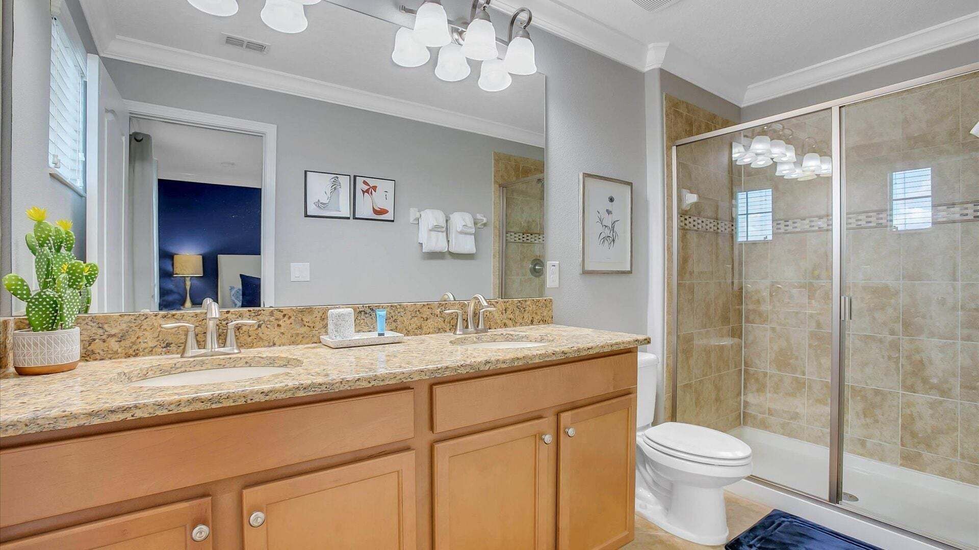 A bathroom with a double sink vanity, a shower enclosure, and a potted cactus.