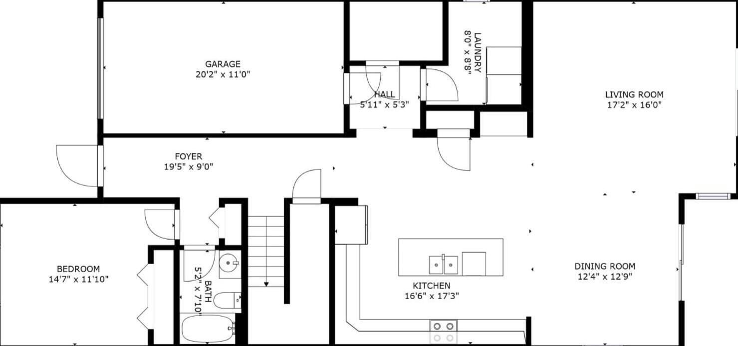 A floor plan with a bedroom, bathroom, kitchen, dining room, living room, hallway, and garage.