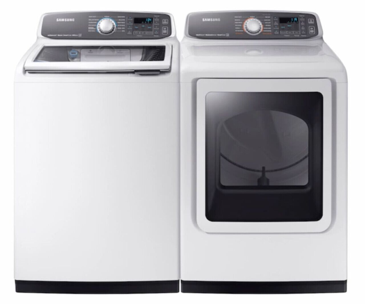 A Samsung front-loading washer and dryer set.