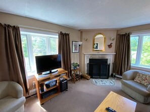 Een woonkamer met een televisie, open haard en twee banken.