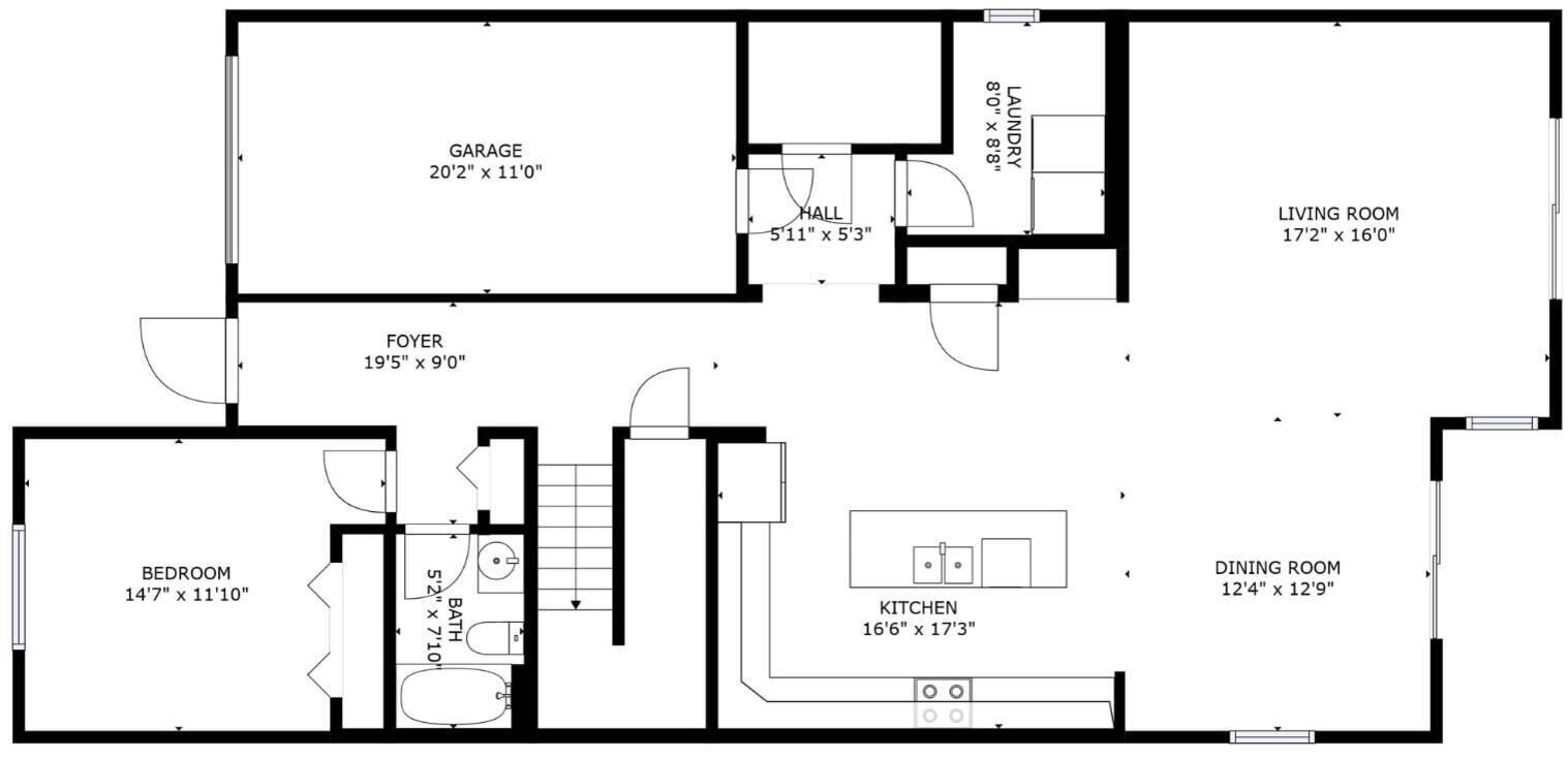 Planta baixa mostrando um quarto, banheiro, hall de entrada, garagem, sala de estar, sala de jantar, cozinha e corredor.