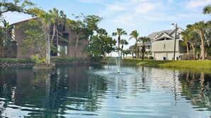 A tranquil water feature with a fountain, surrounded by lush greenery and modern buildings. - Sandy Cove (Siesta Key)