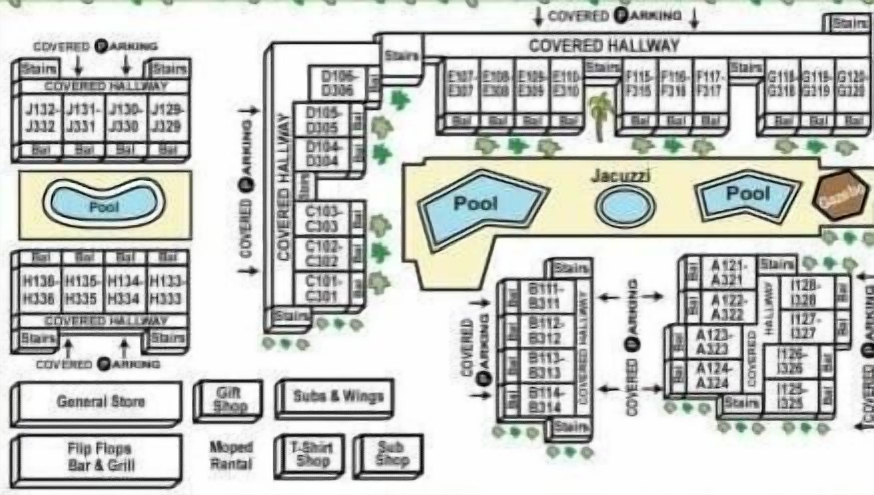 A hotel layout with multiple covered hallways, pools, and various shops.