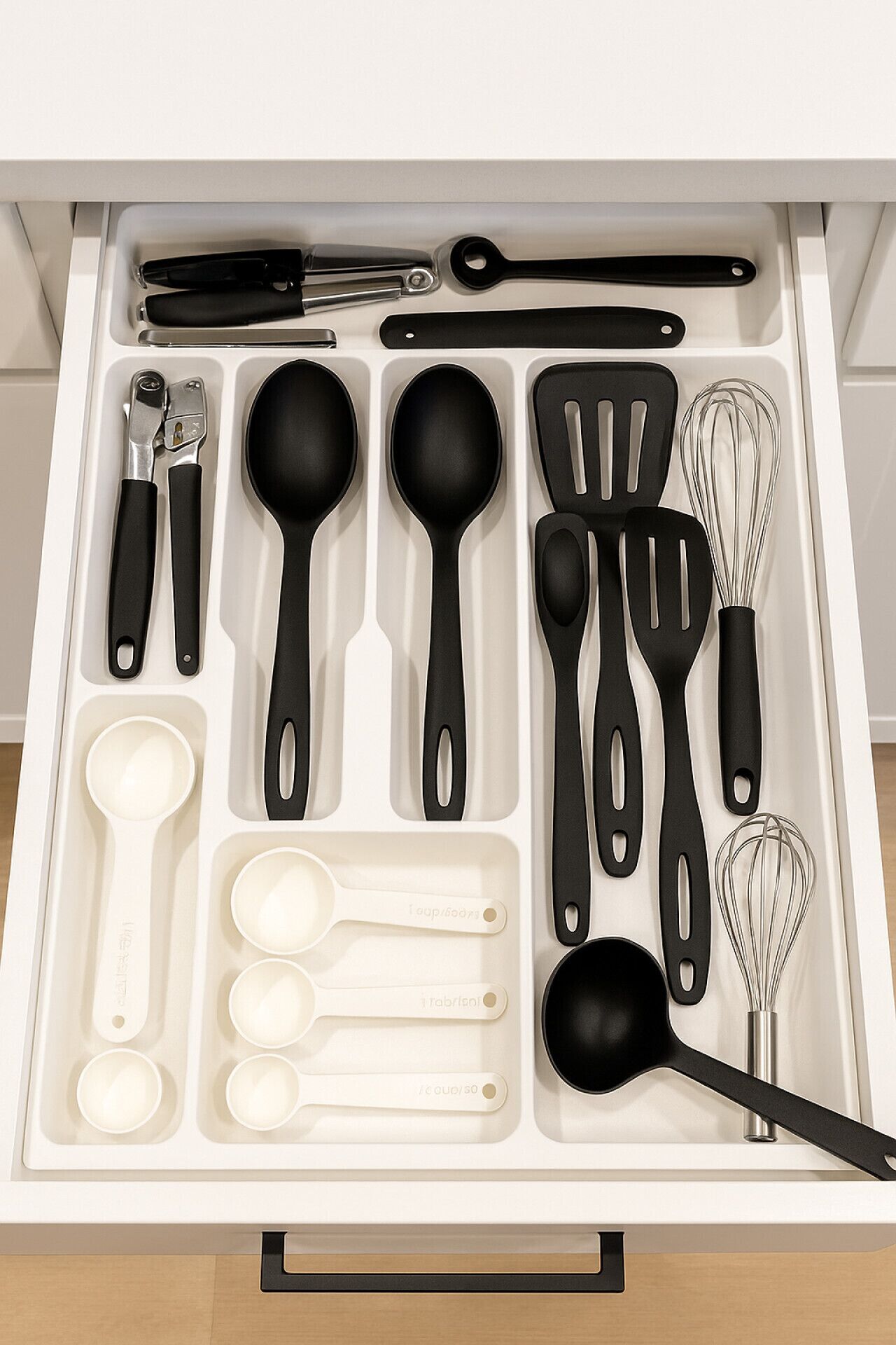 A kitchen drawer with various utensils including spoons, spatulas, a whisk, and measuring cups.