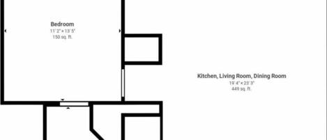 Plano de planta que muestra un dormitorio (3,4 m x 4,1 m), un baño (3 m x 2,8 m) y una cocina-sala-comedor combinada (5,9 m x 7 m).