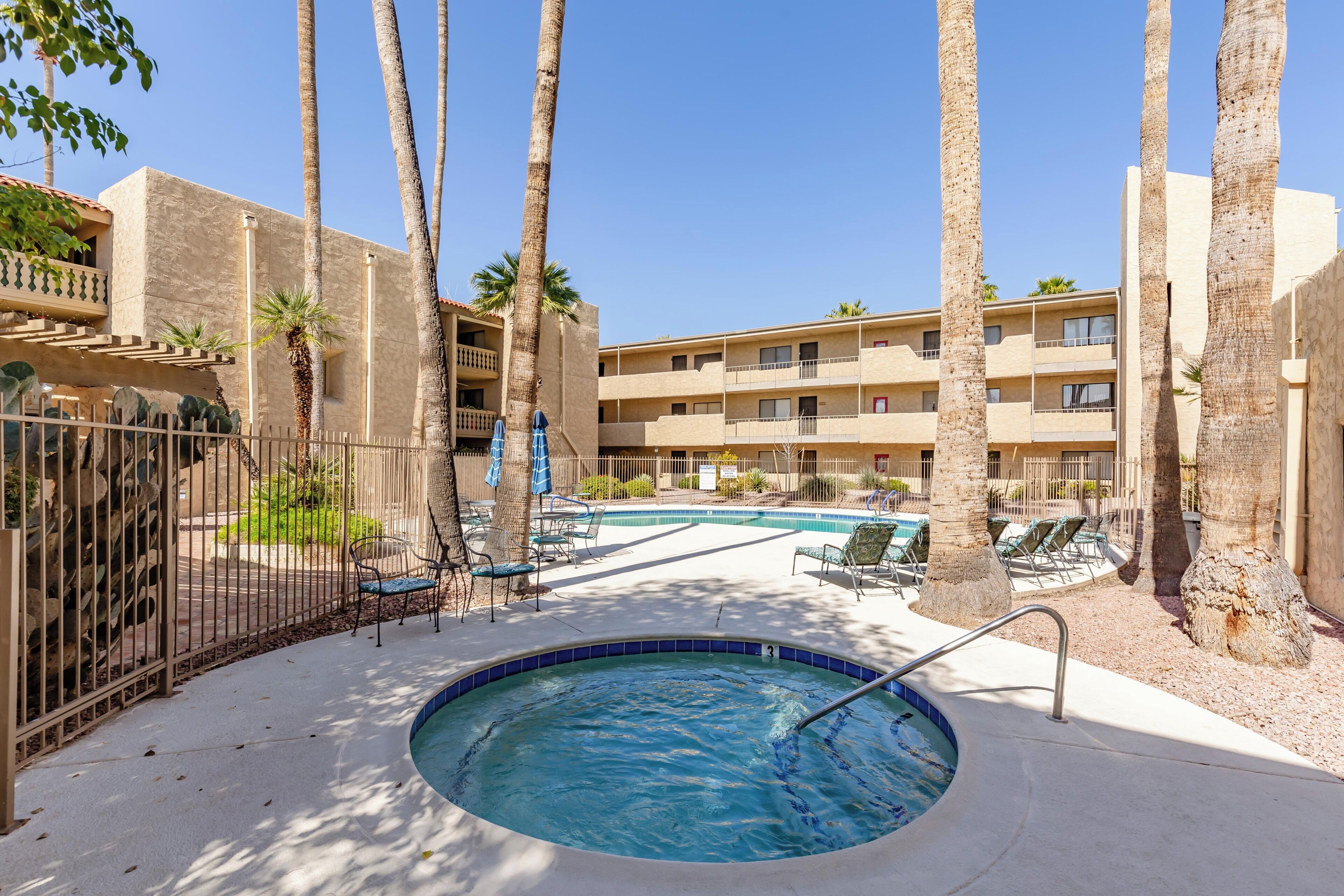 A pool area with lounge chairs, a hot tub, and palm trees.