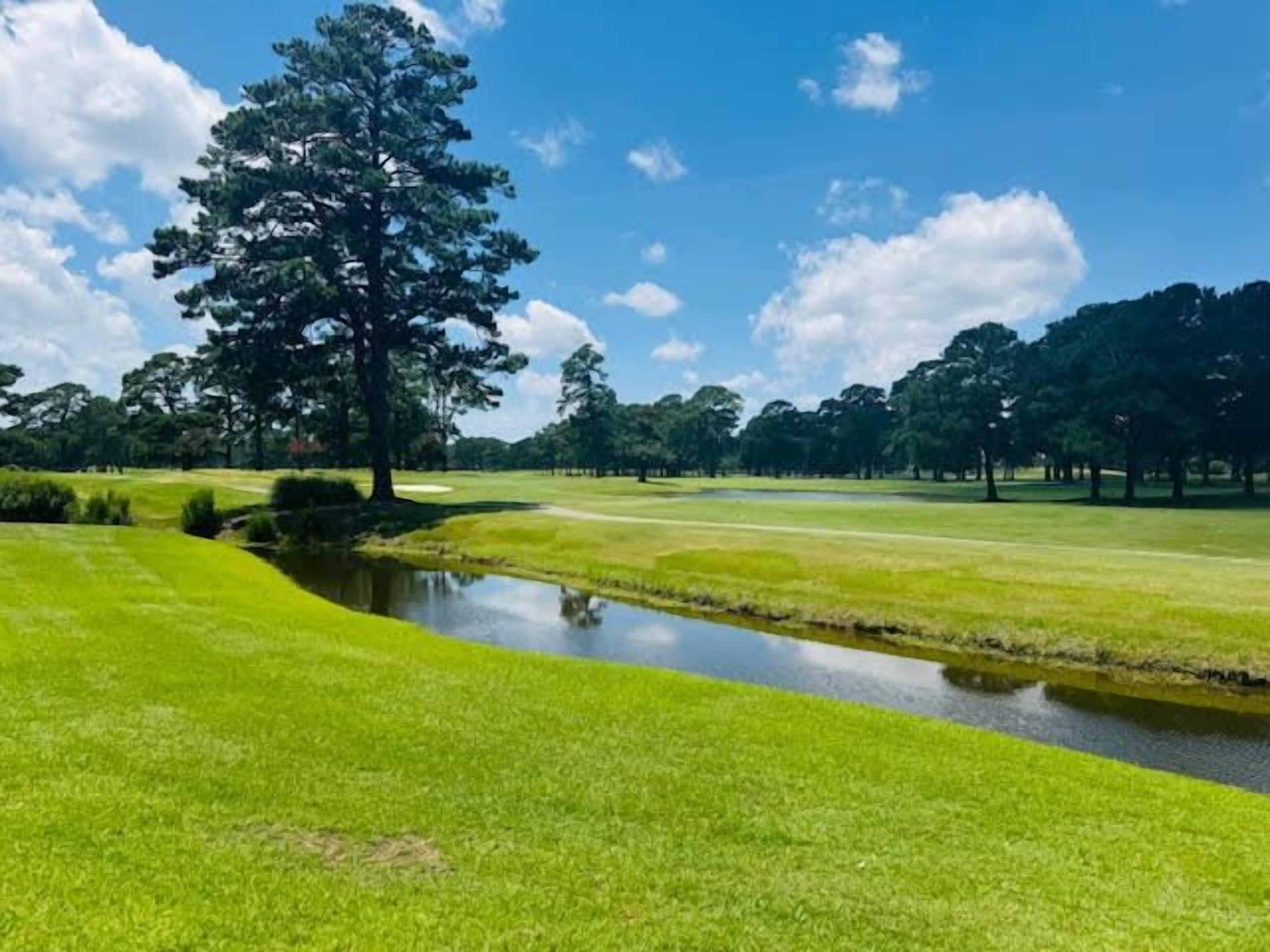 Um campo de golfe com lago, árvores e céu azul límpido.