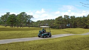 A golf cart on a path in a park with trees. - Magnolia North 4827-302 (Myrtle Beach)