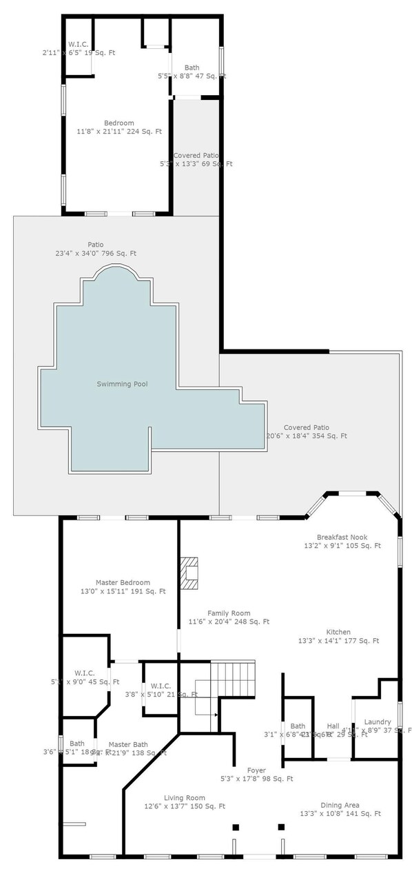 Un plan d’étage comprenant un patio couvert, une piscine et différentes pièces, notamment une chambre principale, un salon familial et une cuisine.