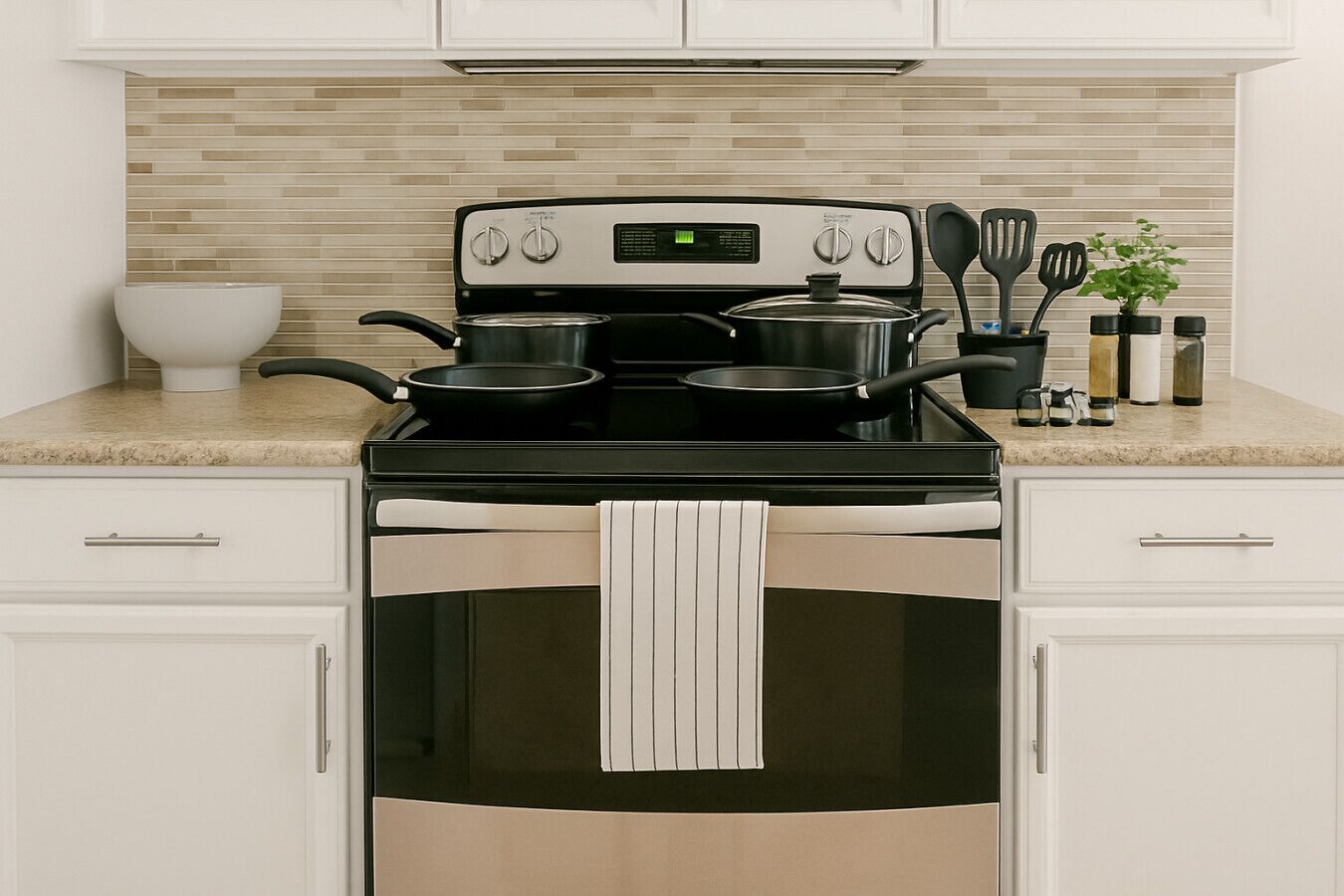 A kitchen with a stove, pots, a white bowl, and a plant.