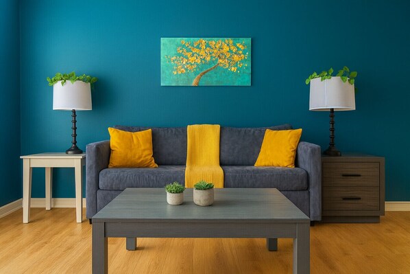 A living room with a teal wall, a gray sofa with yellow cushions, a coffee table, two side tables with lamps, and a painting of a tree. - King Bed,pool/gym/bbq@theheights, Longstaydiscount (Houston)
