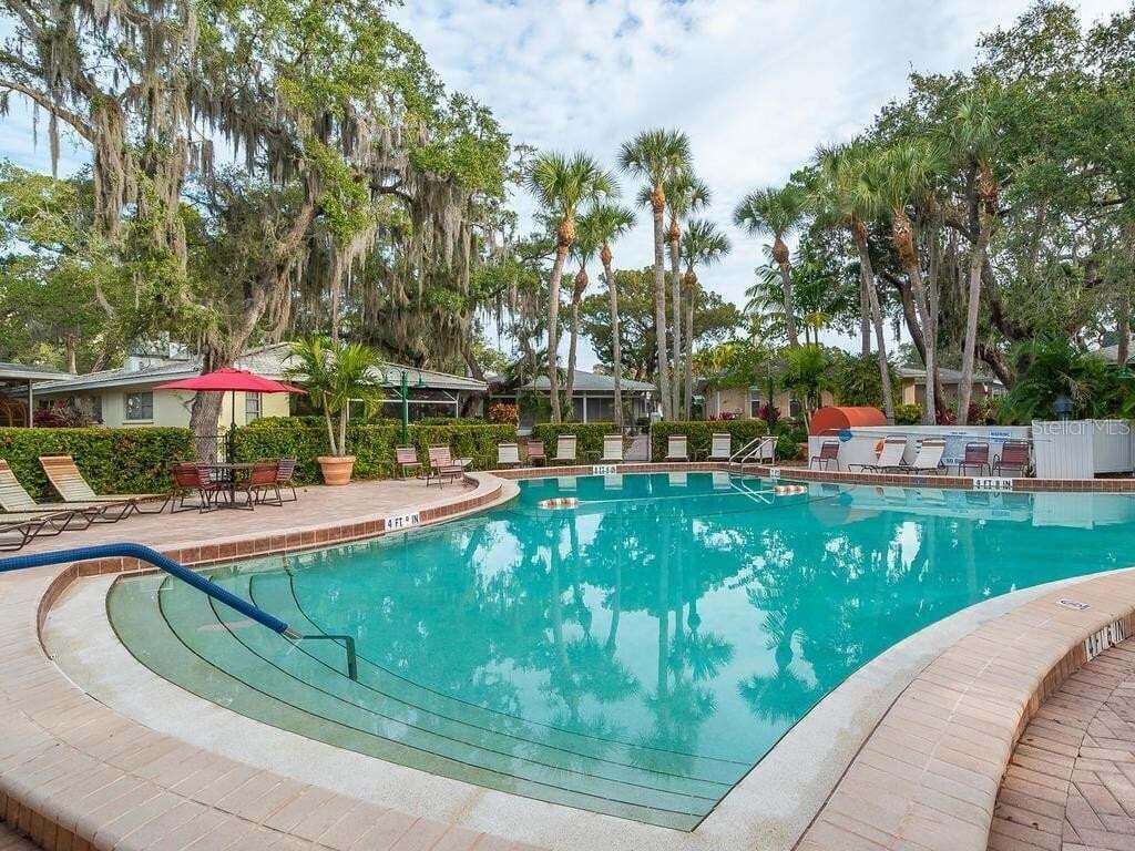 Piscina con sillas de descanso y sombrillas, rodeada de palmeras y un cielo despejado.