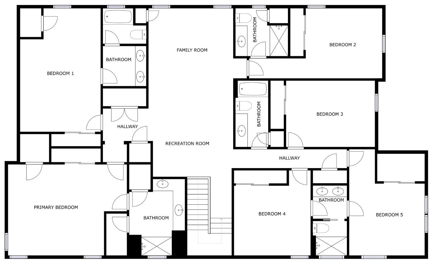 A floor plan with five bedrooms, two bathrooms, a primary bedroom, a family room, a recreation room, and a hallway.