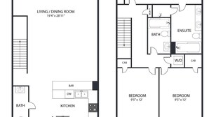 Een appartement over twee verdiepingen met een terras, balkon, hoofdslaapkamer, woon/eetkamer, keuken en twee slaapkamers.