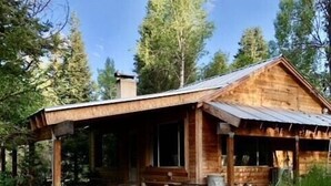A rustic wooden cabin with a covered porch, surrounded by trees. - Cozy Cabin Retreat in Midway (Midway)