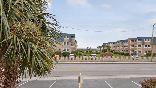 A residential area with apartment buildings, a parking lot, and a palm tree. - Ocean Bridge 1A2 (Myrtle Beach)