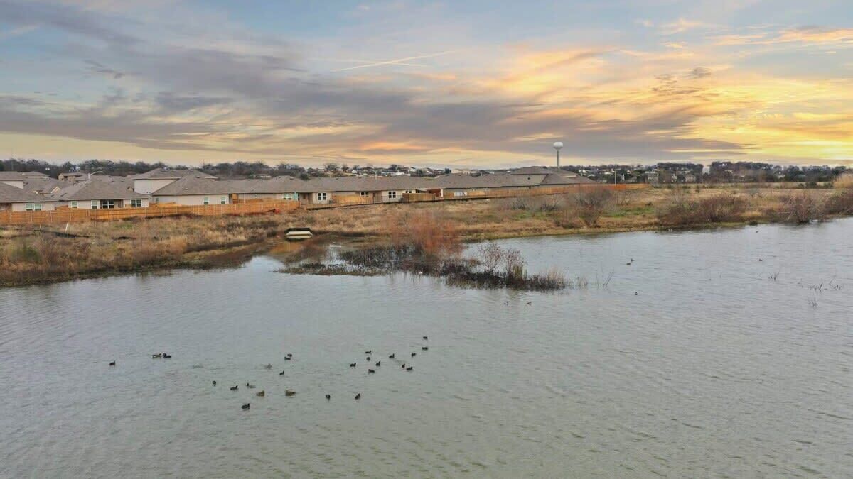 Un quartier résidentiel bordé de maisons, avec un petit pont et un plan d’eau où nagent des canards.