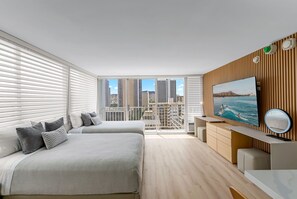 A modern hotel room with a large bed, a TV, and a balcony with city views. - Newly Innovated Oceanview Beach Condo Sauna Pool (Honolulu)