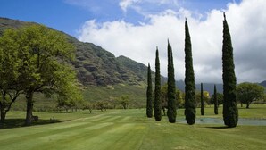 Ein Golfplatz mit blauem Himmel, saftigem Grün und hohen Zypressen.