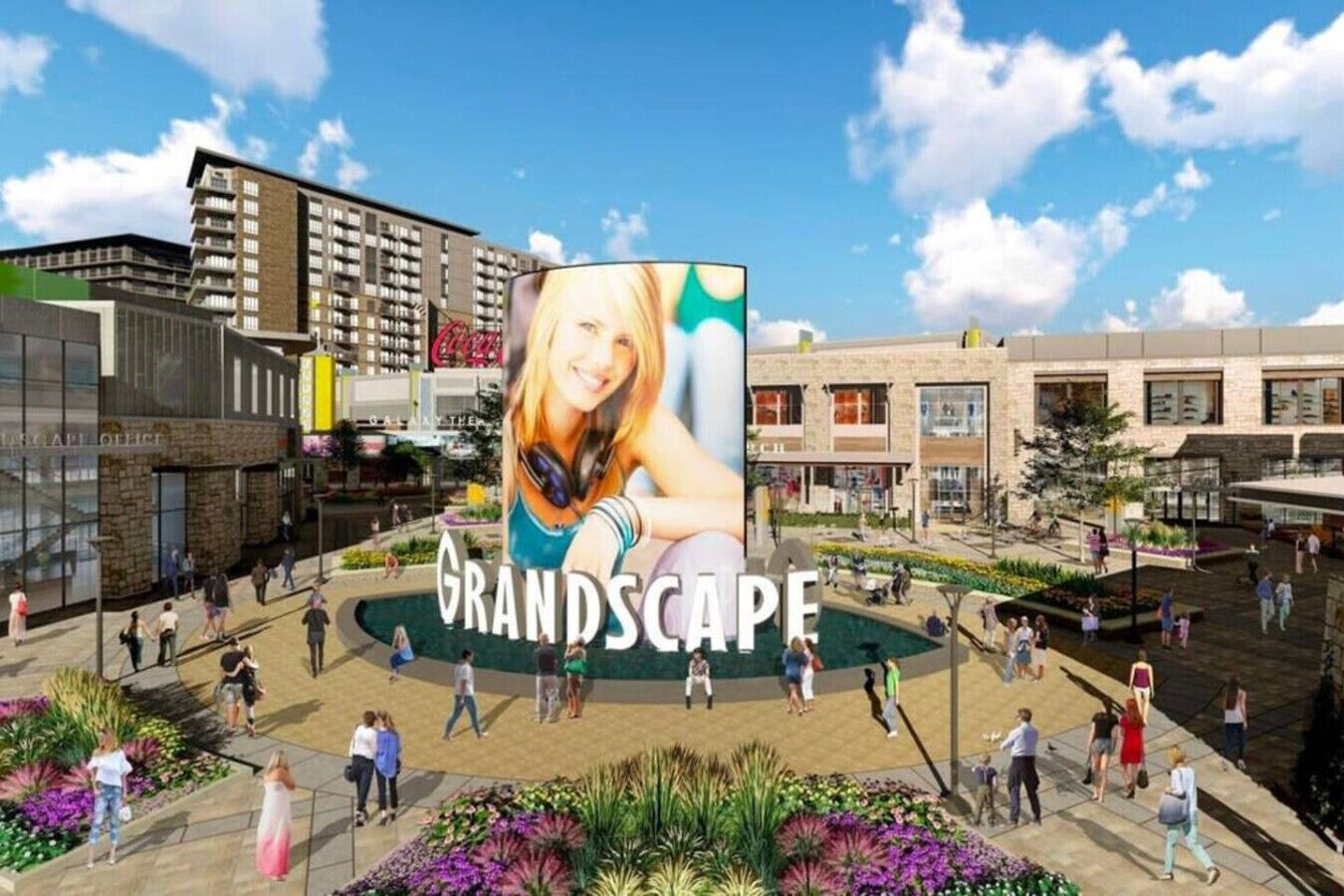 Een openbaar plein met een groot reclamebord waarop 'GRANDSCOPE' staat.