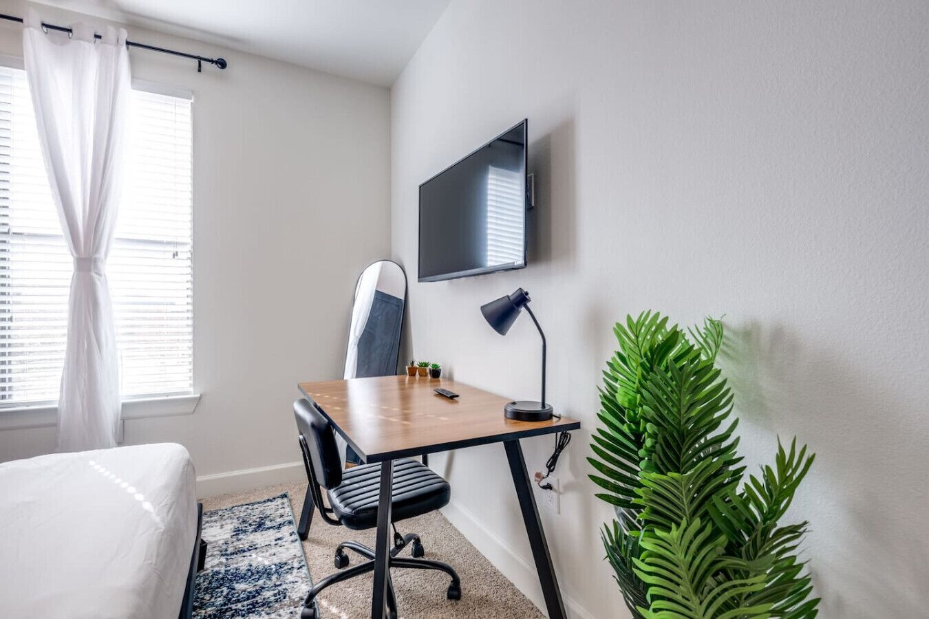 A small, modern bedroom with a bed, a desk with a chair, a TV, and a large potted plant.