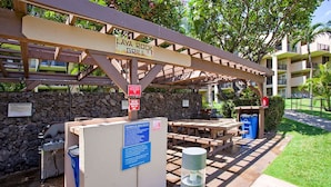 Een overdekt barbecuegedeelte met een bordje voor Lava Rock Grill, picknicktafels, een barbecue en een fontein.