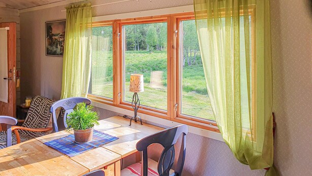 A cozy room with a wooden table, chairs, a potted plant, and a view of a grassy area through large windows with green curtains.