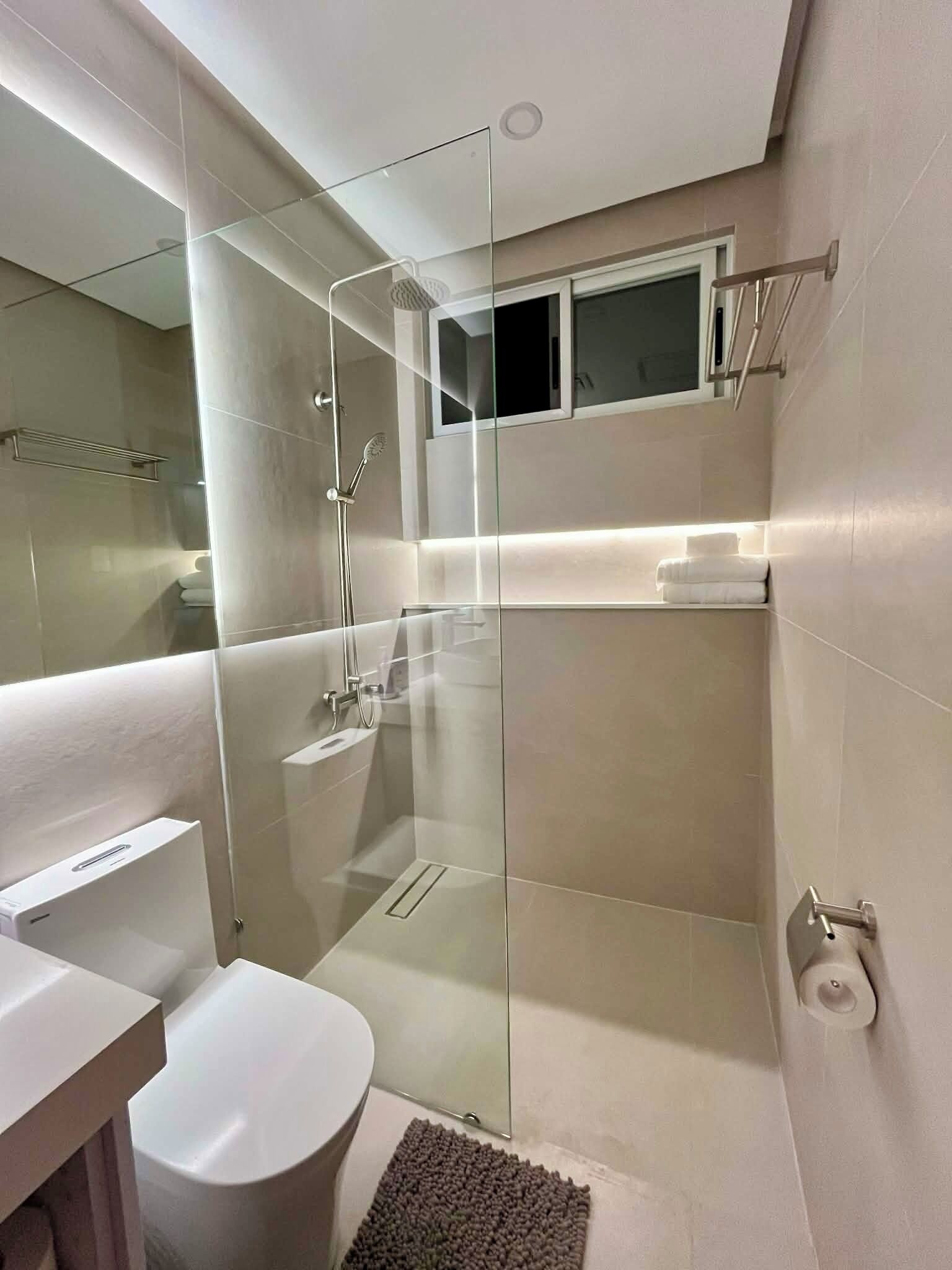 Hair dryer, bidet, towels, soap