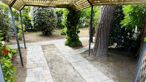 Un sentier de jardin agrémenté d’une pergola, entouré de différentes plantes et d’arbres.