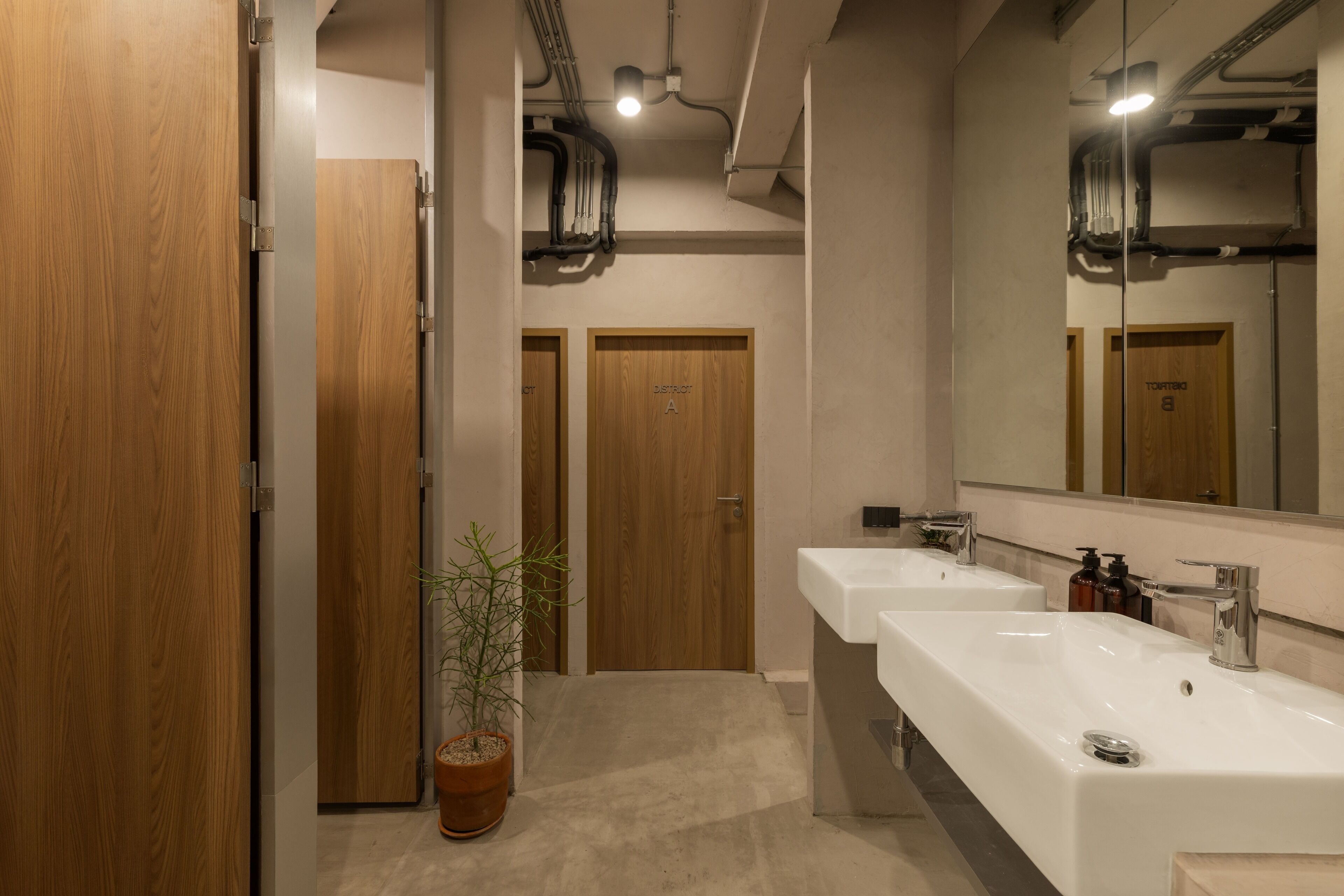 A modern bathroom with two sinks, wooden doors, and a potted plant.