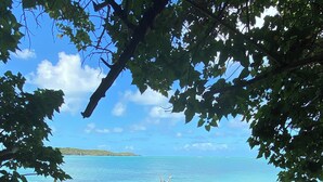 Ein Strand mit klarem Wasser, eine Person im Wasser und eine vorgelagerte Insel.