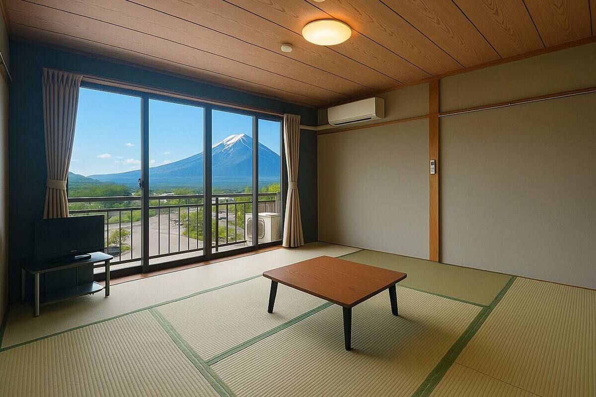 A room with tatami flooring, a television, a small table, and a large window with a view of a mountain.