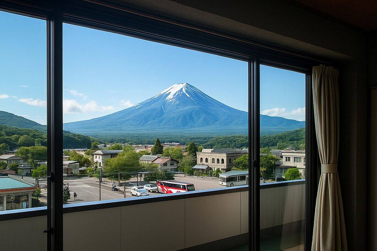 A room with a large window overlooking a mountain and a town.