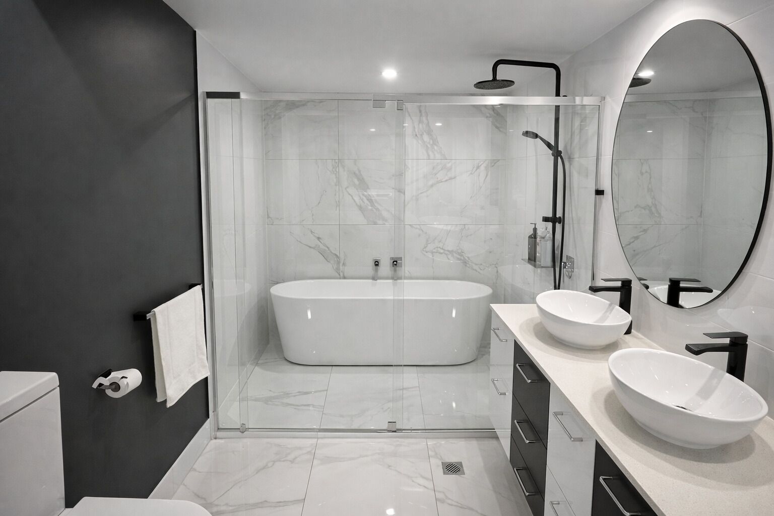 Hair dryer, towels, toilet paper