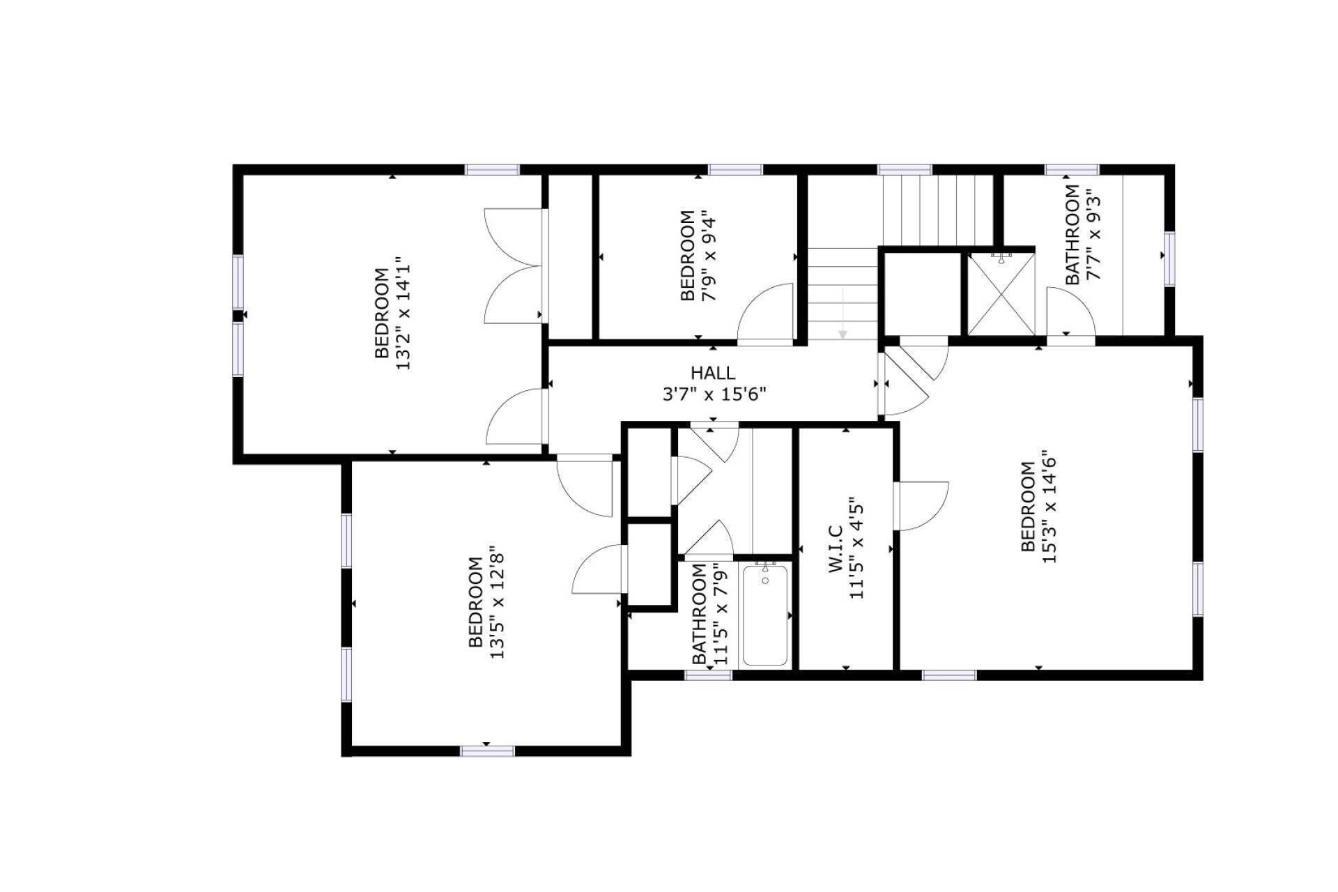 A floor plan with a 3'7' x 15'6' hall, two bedrooms measuring 13'2' x 14'1' and 13'5' x 12'8', a 7'7' x 9'3' bathroom, and a 7'7' x 9'3' W.I.C.