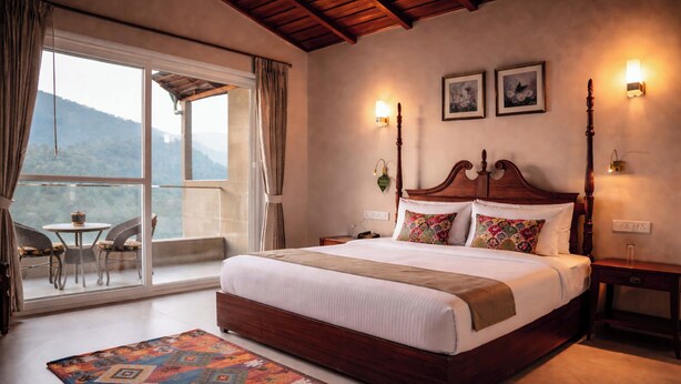 A bedroom with a large bed, a balcony with a table and chairs, and two wall-mounted lights. - amã Stays & Trails Aryananda Villas, Dhari (Dhari)