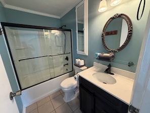 Shower, towels, soap, shampoo