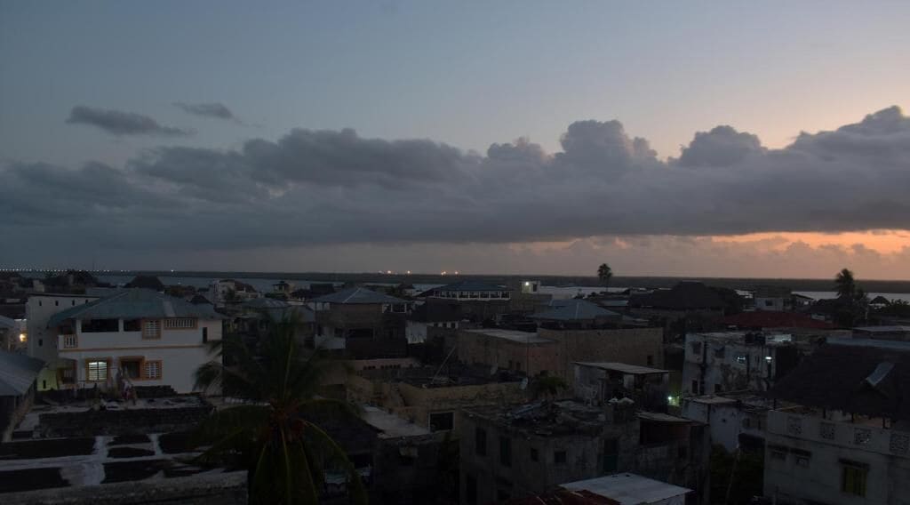 A coastal urban area with buildings, some with visible balconies, and a palm tree in the foreground.